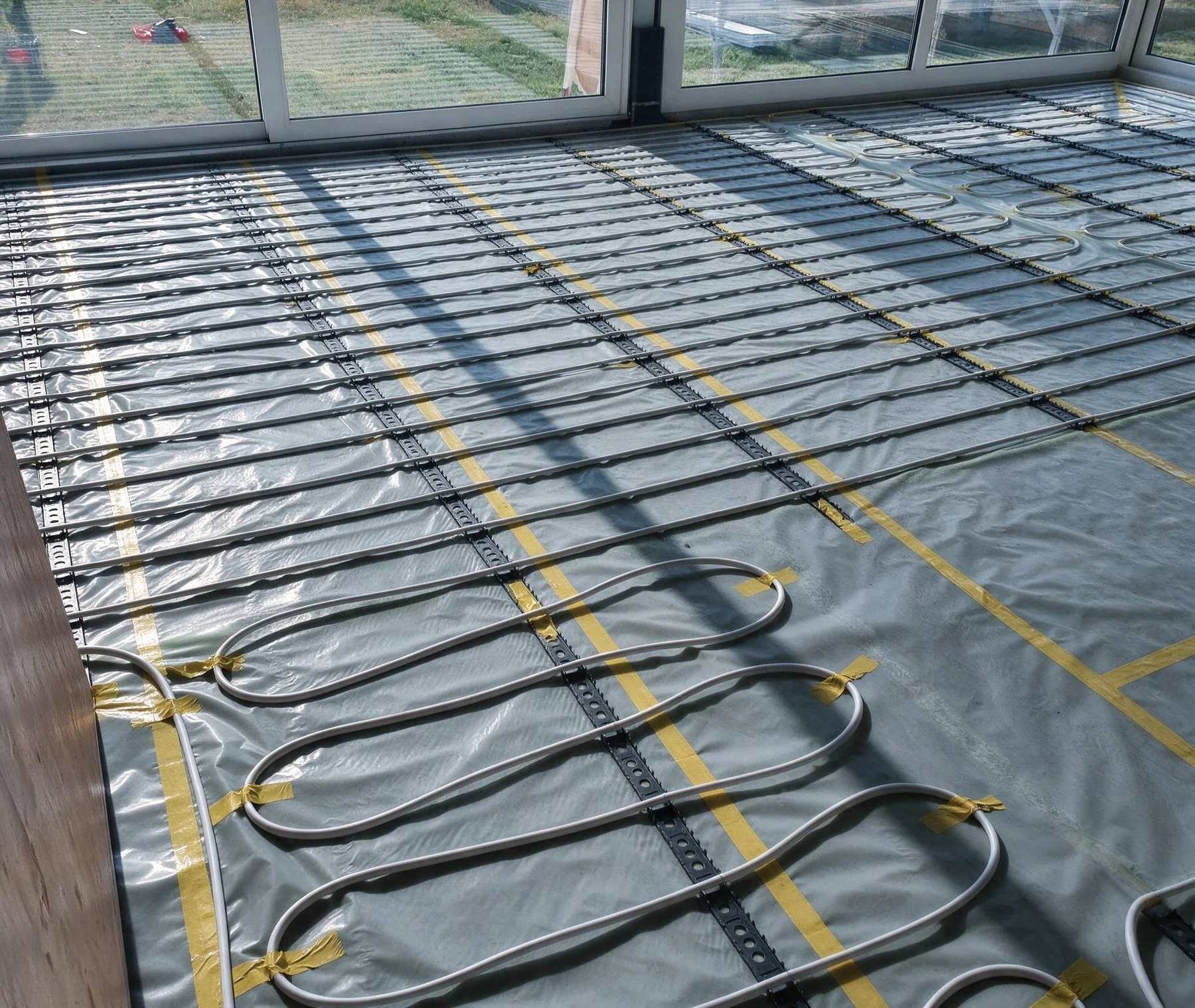 Verlegearbeit der Fussbodenheizung im Wohnraum.