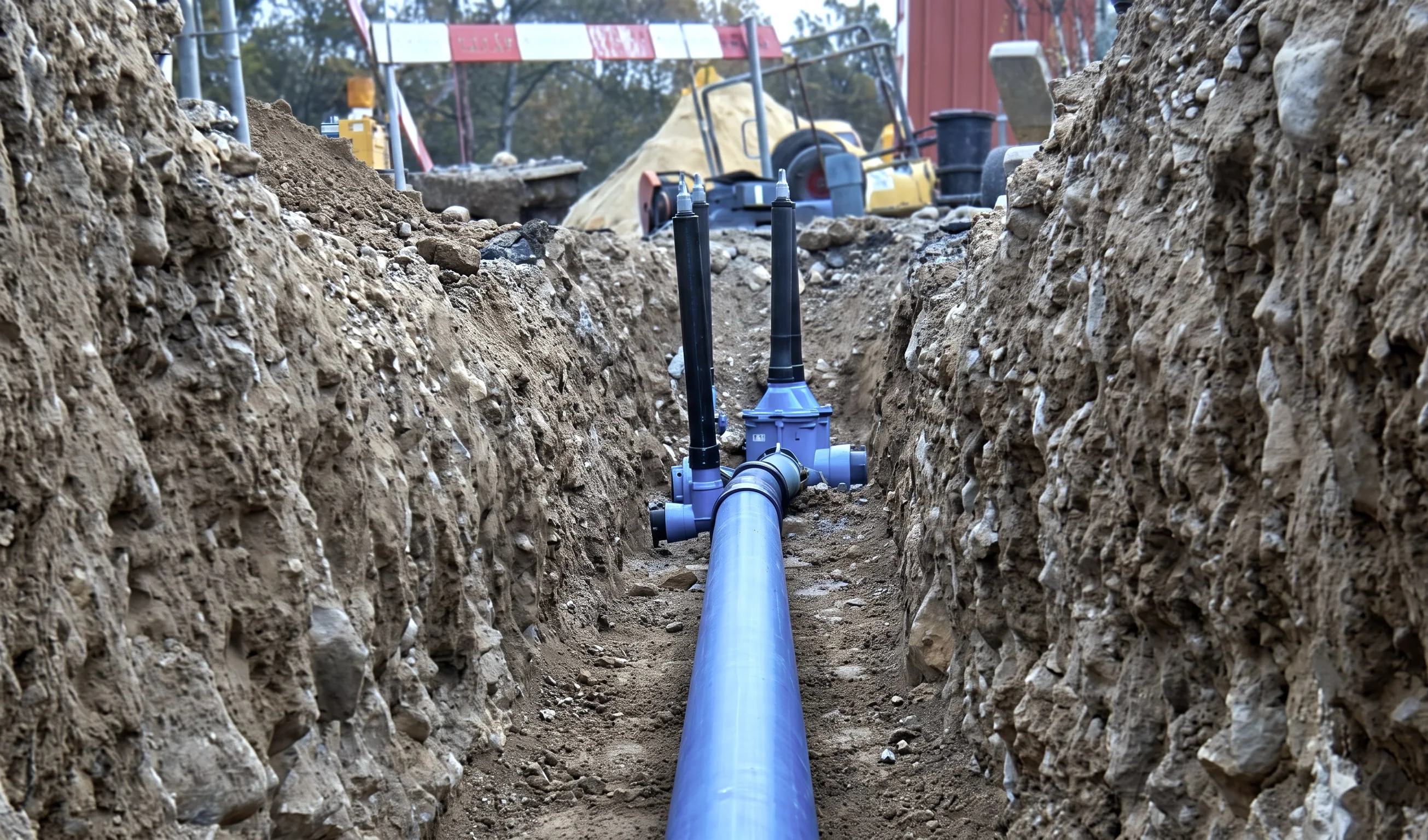 Trinkwasserleitung mit Anschlussarmatur im Leitungsgraben.